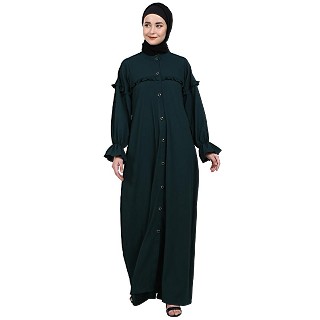 Front open classic frill abaya- Bottle Green